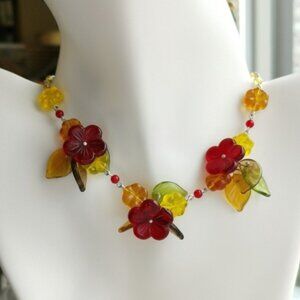 VINTAGE Czech Art Glass beaded necklace in red yellow